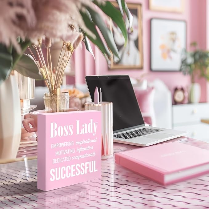 LVQHI Pink Office Desk Accessories, Boss Lady Sign Wooden Box, Inspirational Desk Decor For Hr Women, Small Motivational Office Cubicle Table Decoration Signs Wall Decor 5"L x 5"W x 1.2"H