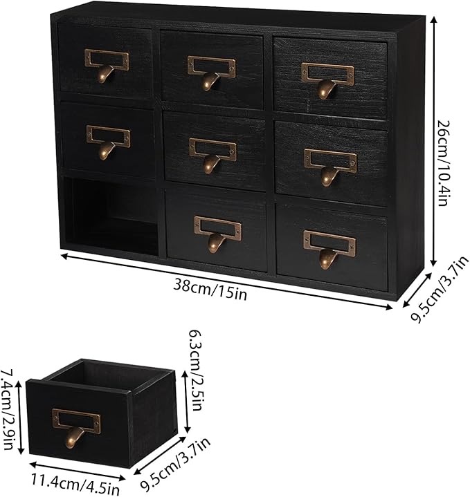 9-Drawer Wooden Desk Organizer Storage Box with Label Holders Vintage Wood Desktop Organizer, Desk Drawer Unit Collectors Box for Living Rooms, Bedrooms, Offices (Black, 1PC 9 Drawers)
