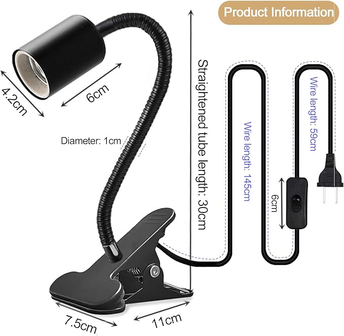 Clip on Light E26/E27 Metal Clamp Light Socket with Plug and Switch 360° Flexible Rotatable for Bedside Office Basement Reptile Plant Illumination Clip Lamp Black (No Bulb)