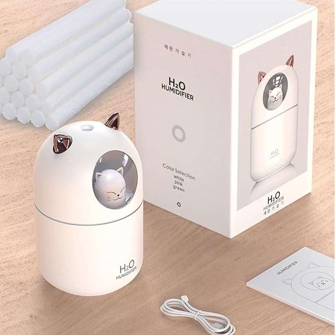 Cute Portable Cool Mist Humidifier with 7 Color Night Light and 6 Filter Cotton Sticks for Bedroom, Office, Desk, Car or Travel (White)