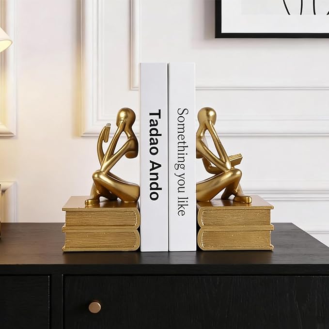 Heavy Duty Book Ends for Shelves, Thinker Bookends Set of 2 Decorative Book Ends for Heavy Books, Modern Unique Shelf Decor for Home Office Living Room Desk