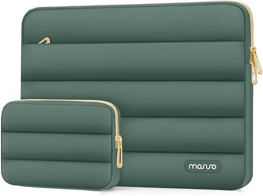 MOSISO Laptop Case 13.3 inch,13-13.3 inch Puffy Laptop Sleeve Compatible with MacBook Air 13.6 M5 M4 M3 M2 M1/Neo/Pro 13/14,HP Dell ASUS Lenovo,Polyester Horizontal Bag with Small Case,Emerald Green