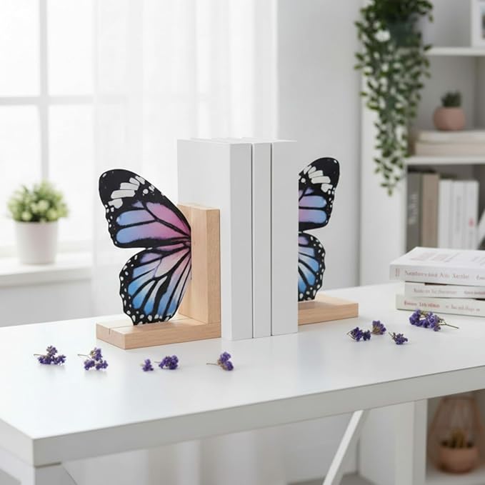 Decorative Butterfly Bookends Wooden Acrylic Butterflys Bookend Modern Bookshelf Decor Accent Book Stopper Decor for Home Farmhouse Shelves Office Lover Gift(Pale Blue Swallowtail Butterfly)