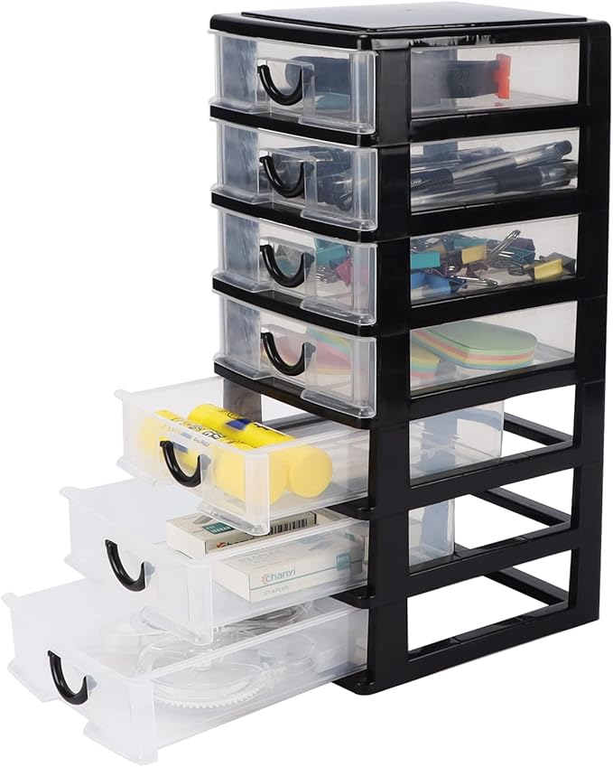 Rempry Mini Plastic Drawers Organizer, 7.1"cx5.1"x13.2" Small Storage Drawers Containers with 7 Clear Drawer Units, Black