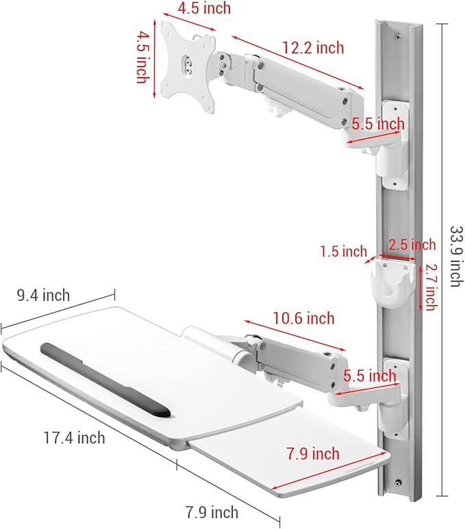 Computer Monitor Arms,White Metal Healthcare Wall Mounting Arm Monitor Stand with Articulating Arm, Keyboard Tray Extension and Mouse Holder for Medical or Dental Clinics, Fits up to 43" Monitor