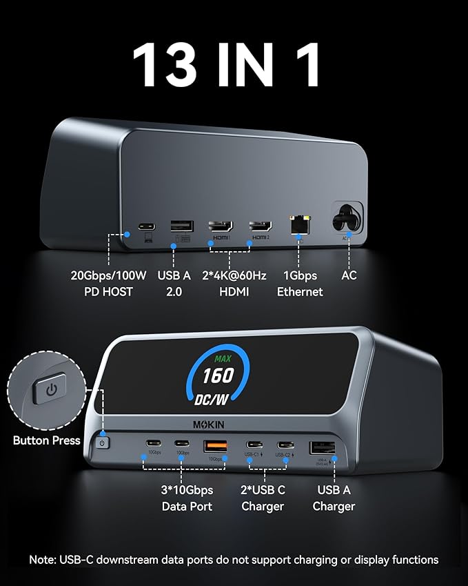 MOKiN Docking Station,13 in 1 USB C Laptop Charging Station with 2.26" LCD Smart Display,Dual HDMI Display,10Gbps USB A/C Ports,Gigabit Ethernet,160W Max Output for Dell,HP,Lenovo and More