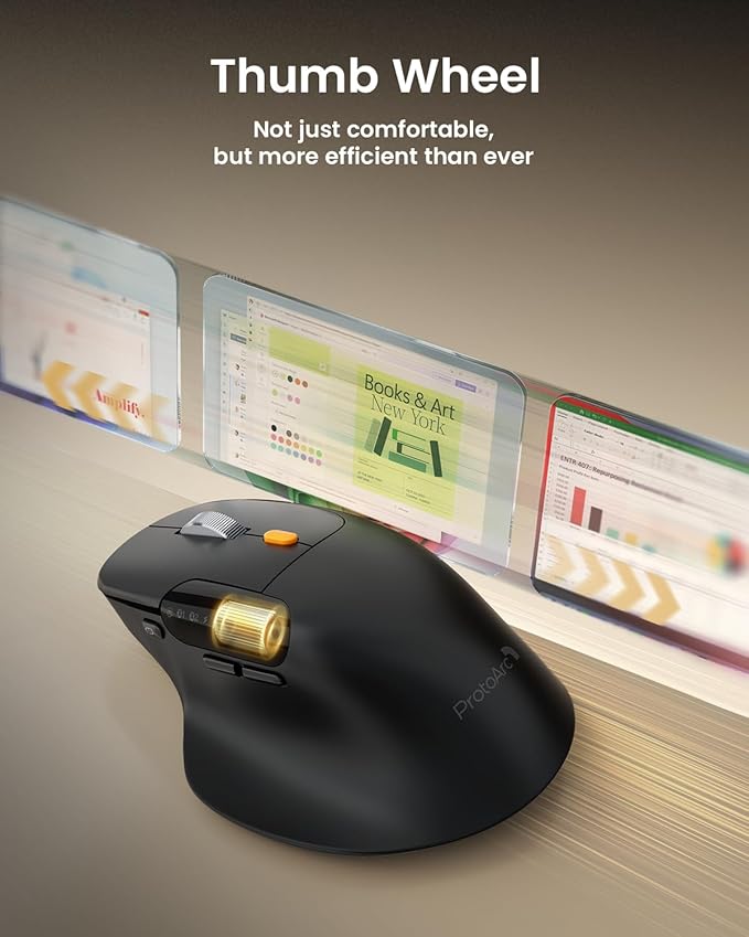 ProtoArc Ergonomic Wireless Mouse, EM25 Fast Scrolling & Side Scroll, Customizable Bluetooth Rechargeable Mouse, 8000 DPI for Medium to Large Hands, Compatible with Windows/Mac/Android, Black