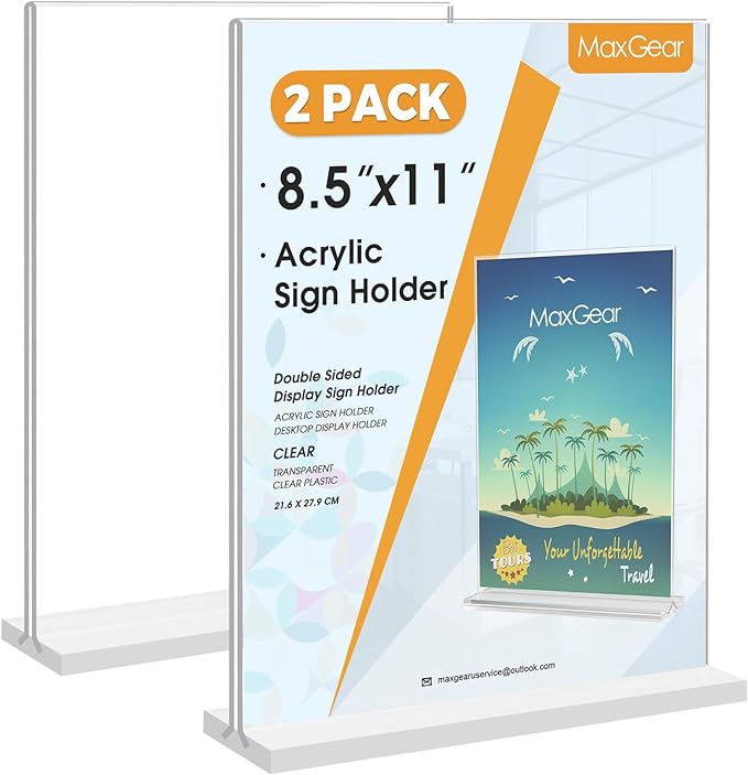 MaxGear Acrylic Sign Holder 8.5x11 Inches 2 Pack, Double Sided Clear Display Stand Table Top Paper Holder, Vertical Menu Flyer Stand, Plastic Frame for Stores, Restaurants, Hotels, Office