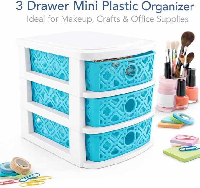 3 Drawer Basket Weave Mini Plastic Organizer Makeup HBA Cosmetics Arts & Crafts Desktop Stationary (Teal)
