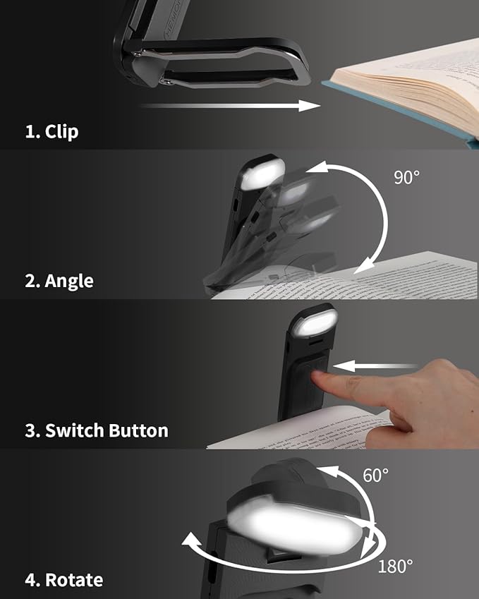 HEMONNKAM Book Reading Light, Rechargeable Clip on Booklight, Eye Caring 3 Color Temperatures & 5 Brightness Levels, Night Use for Bed, Long Lasting, Reading at Night in Bed, Black