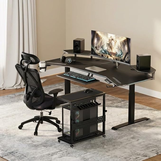 2-Tier Rolling Computer Tower Stand with Cable Management Rack, Height Adjustable CPU Holder Cart with Hooks for Gaming Home Office, PC Stand Fits Under Desk,Carbon Fiber Black