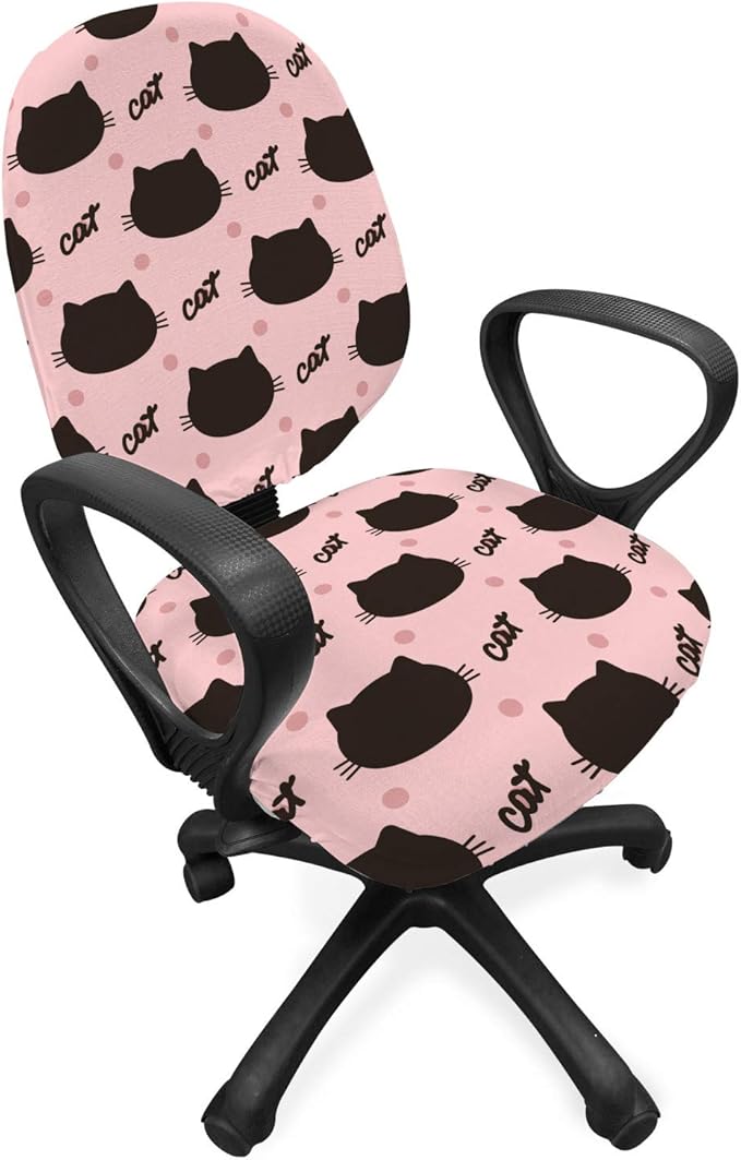 Ambesonne Cat Office Chair Slipcover, Kitted Head Silhouettes Hand Writing and Dots Design Abstract on Blushy Tone Back, Decorative Stretch and Washable Fabric Cover, Standard Size, Seal Brown Coral