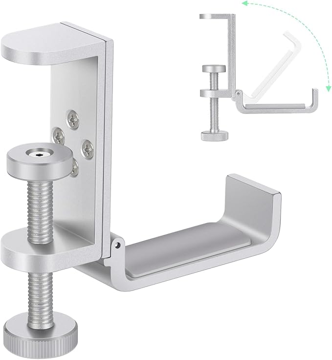All Aluminum Foldable Headphone Holder - Universal Stand for Gaming PC Accessories, Under Desk Clamp Hook (Silver)