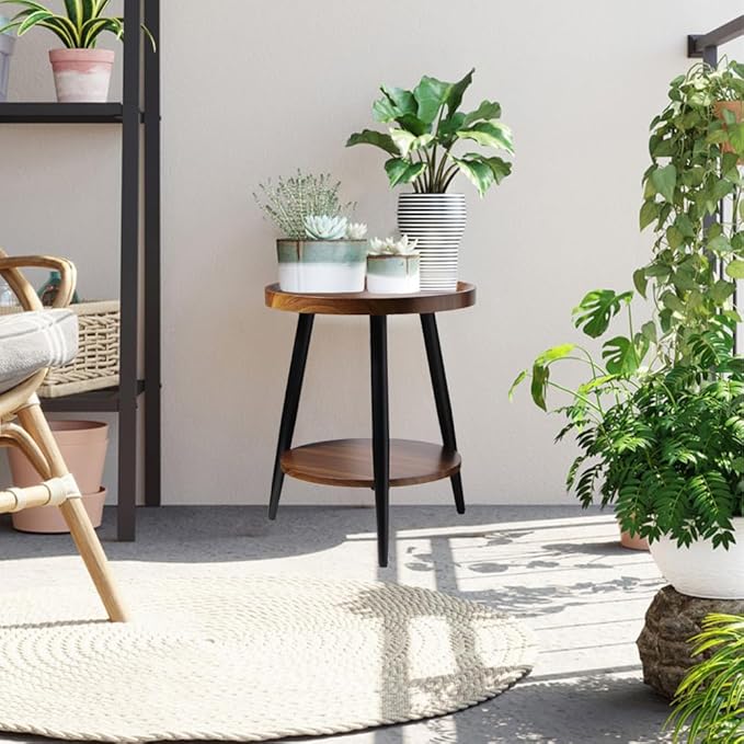 Small Round Side Table, 2-Tier Mid Century Modern Side Table, Round End Table Small End Table for Living Room, Metal Frames, Brown