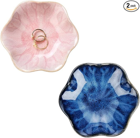 JAMEND CLXP 2PCS Lotus Leaf Shape Ring Holder Dish, Small Key Bowl, Ceramic Trinket Tray Jewelry Dish Organizing Necklace Earrings for Mom Friend Sister, All Jewelries Are NOT Included. Blue+Pink.…