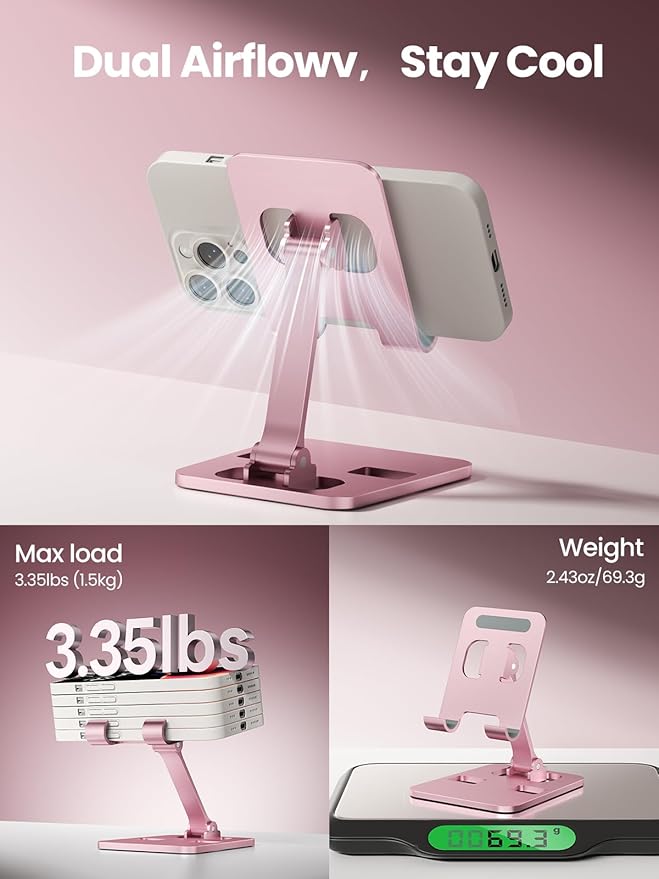Phone Stand for Desk, Dual Folding Cell Phone Holder, Fully Adjustable Portable Mobile Phone Holder for iPhone 17 16 15 14 13 12 11 Pro Max Plus Air, Galaxy S25 S24, All Phones (Rose Gold)