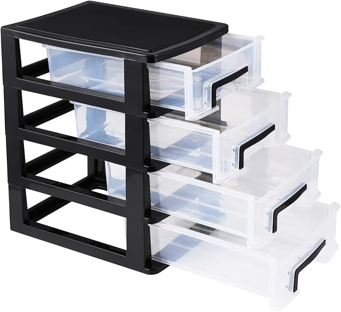 Angoily 4 Drawer Desk Organizer, Plastic Home Office Storage Organizer, Makeup Organizer Storage Station Cube, Cosmetics Jewelry Storage Box, 4 Drawer for Bathroom, Desk, Office (8.31x5.98x9.92 Inch)