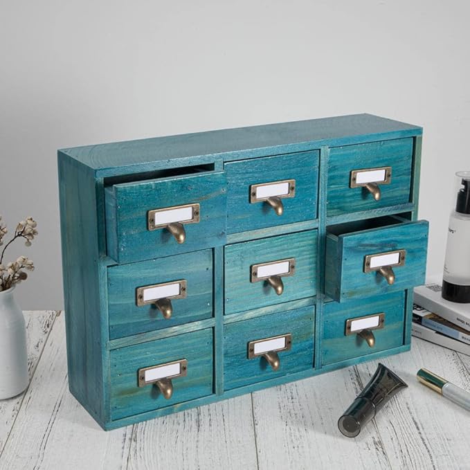 9 Drawers Library Card Catalog Cabinet with Labels Apothecary Cabinet Tabletop Apothecary Chests and Cabinets Herb Storage Box Wooden Desk Drawer Organizer Medicine Vintage Furniture(Blue)