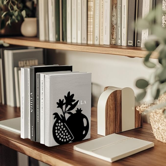 Peacoblue Metal Bookends for Shelves, Modern Decorative Heavy Duty Study Book Support Stoppers for Office, Desk, Shelf, Room 5.3"x4.3"x5.9" Cast Iron Simple Tall Bookends, 1 Pair (Pomegranate)