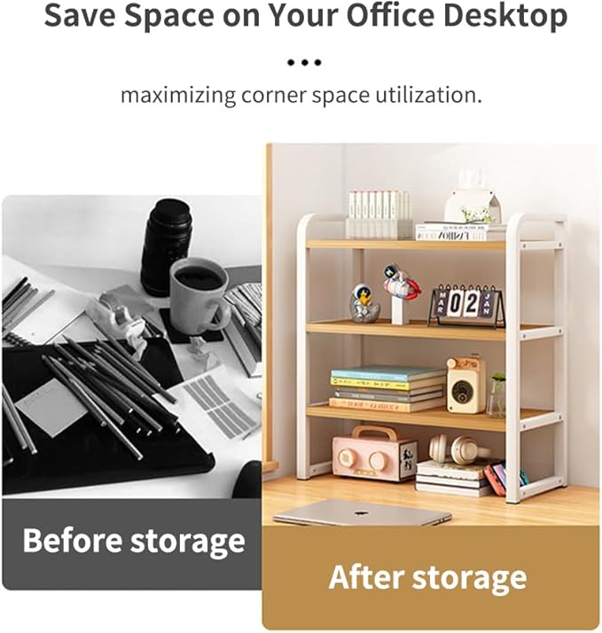 Office Desk Shelf Organizer, Wood Desktop Bookshelf Supplies Storage Rack, Shelf for Top of Desk and Dresser and Cubicle Decor Aesthetic Bookshelf (White White, three Tier(19.69 Lx7.87 Wx22.05 H)