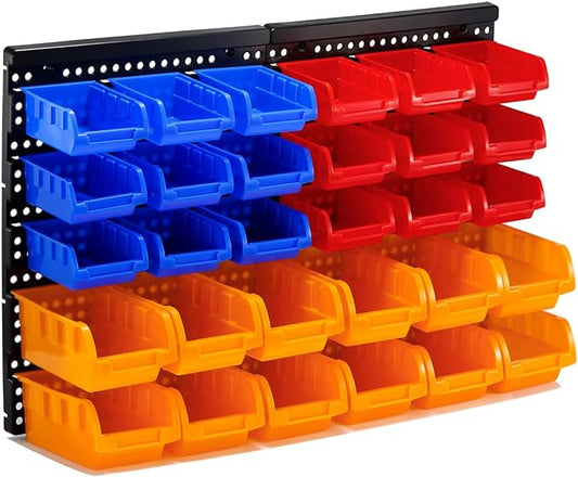 30-Bin Wall Mounted Storage Bins Kit, Tool Organizer Rack, Garage Hardware Organizer, Parts Storage Bins, DIY Combination(Red & Blue & Orange Type)
