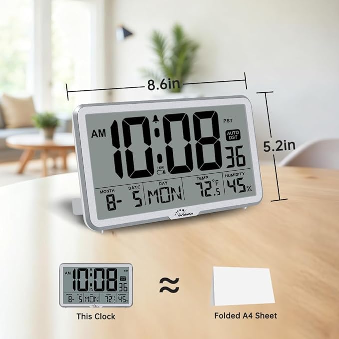 WallarGe Auto Set Digital Wall Clock Battery Operated, Desk Clocks with Temperature, Humidity and Date