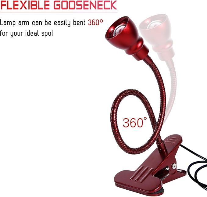 Zoomable Clip on Light, Clamp Reading Light for Dorm Bed Headboard, Dimmable Spotlight with 3 Color Temperature Options, 10 Dimmable Brightness Levels, Adjustable Beam Angle (Red)