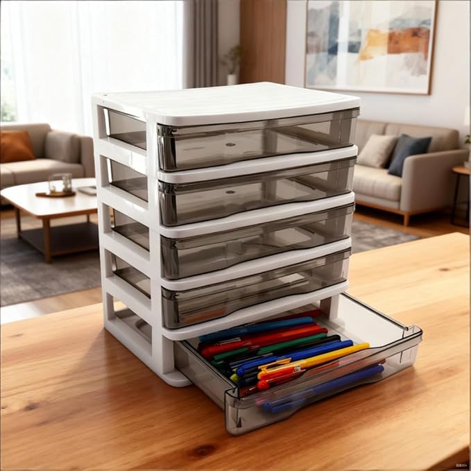 5-Layer Drawer Desktop Storage Bin Unit - Small Plastic Organizer with Clear Drawers & White Frame, Mini Container Case for Desk to Store Crafts, Accessories & Stationery