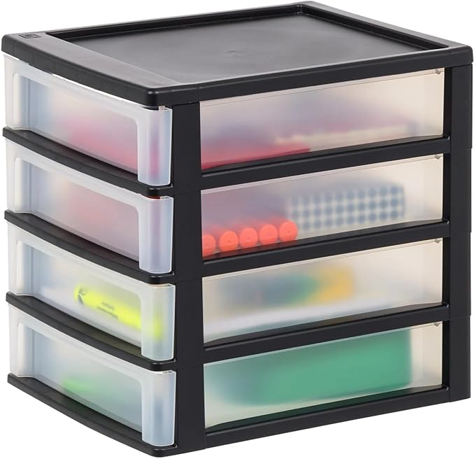 Set of 2 Medium 4-Drawer Desktop Organizer Stacking Black-Clear Durable Plastic Storage Unit for Home Office Desk Supplies Home Must-Have