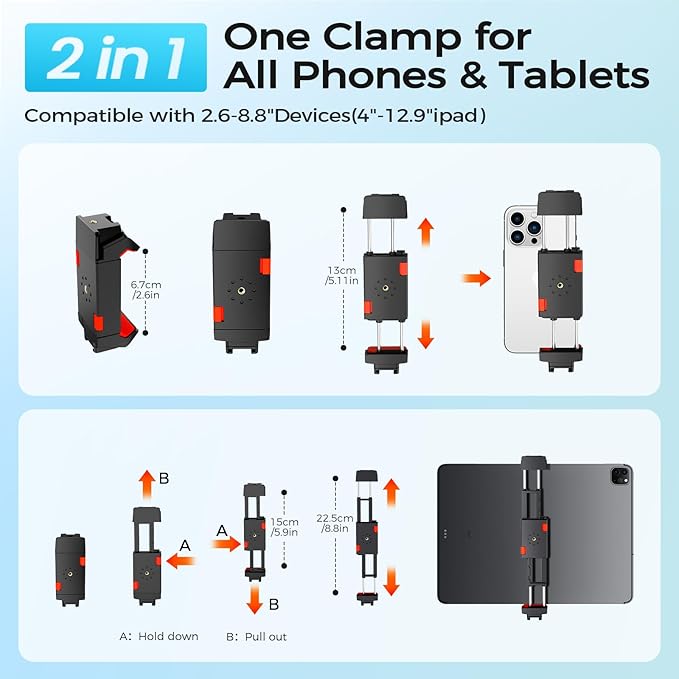 MACTREM iPhone iPad Tripod Stand, 67" Phone Tripod for iPad Tablet Camera with 2 in1 Holder Remote Carry Bag, Aluminum Extendable iPhone Stand for Video Recording/Selfies/Live Stream/Vlogging