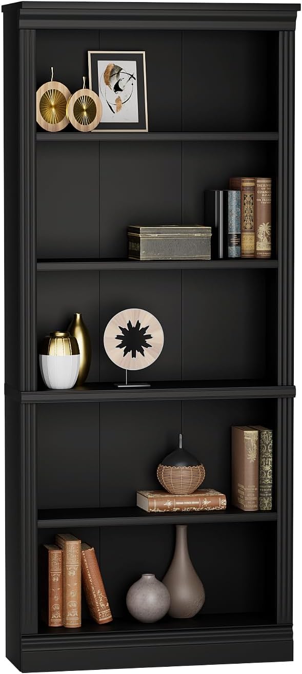 Furniwell Bookcase Bookshelves, 5-Shelf Tall Bookcase 71" Wood Open Display Floor Bookshelf, Large Storage Organizer for Library, Bedroom, Living Room (Black)