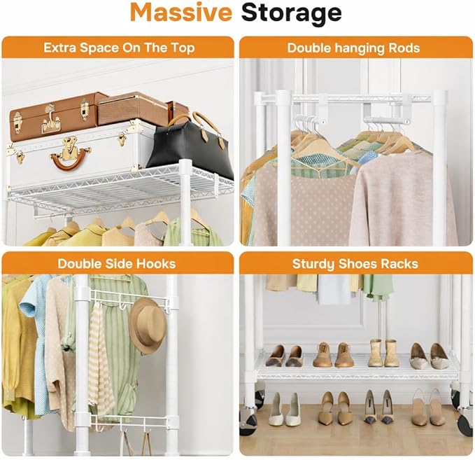 Simple Deluxe Rolling Clothes Rack, Heavy Duty Clothing Rack, 3-Shelf Portable Adjustable Wardrobe Closet with Wheels, Hanging Rods & Side Hooks, 29.5" W x 15.7" D x 75.6" H, White
