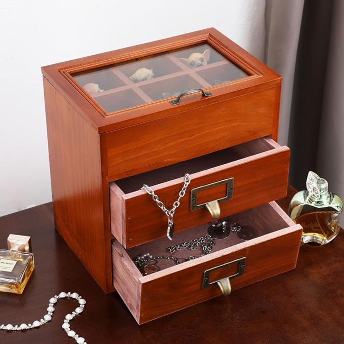 Wooden Storage Box Desk Organizer with 2 Drawers and 6 Grids Apothecary Drawers Small Craft Storage Containers Jewelry Holder for Women (Glass Brown02)