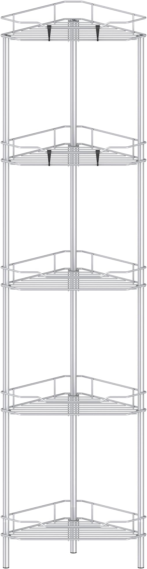 HuggieGems 5 Tier Floor Standing Corner Shower Caddy Organizer Shelf with Hooks, Bathroom Shelves Stand Rack, Silver