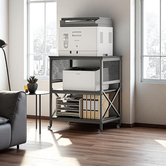 KaKaBB 3-Tier Rolling Printer Stand with Adjustable Storage Shelf, Large Mobile Office Cart with Locking Wheels, Printer Table for Home Office, 23.6 x 18.9 x 30 Inches (Black)