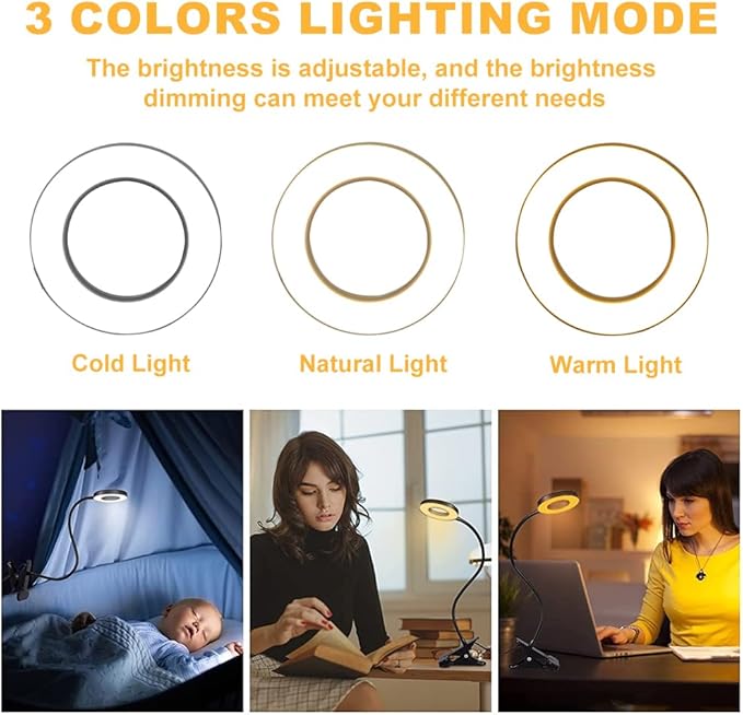 5X Magnifying Glass with Light, 3 Color Modes LED Desk Lamp, Clip on Lamp Lighted Magnifier, 360° Flexible Neck Magnifying Lamp for Workbench Craft Repair Sewing, USB Powered(Color:Black)