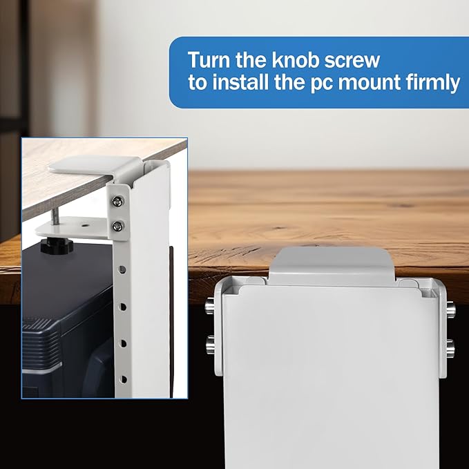 Adjustable Clamp Mount On Desk for PC Tower - No Drilling, Height Adjustable from 13.2" to 21.6", Width Adjustable from 5.5" to 9.8", Heavy Duty Under Desk Computer Case CPU Holder, White