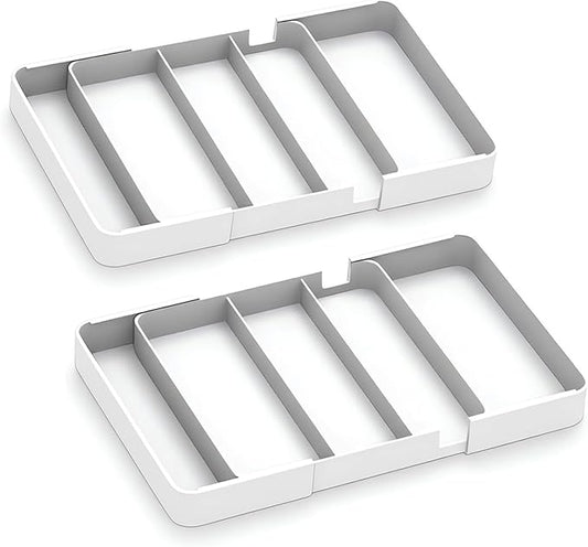 2 Pack Shallow Drawer Organizer (1.57" H), Modular Expandable Desk Dividers (Width 10.6"-17.9" OR Length 16.1"), Detachable Trays for Office Stationery, Makeup, Kitchen, White