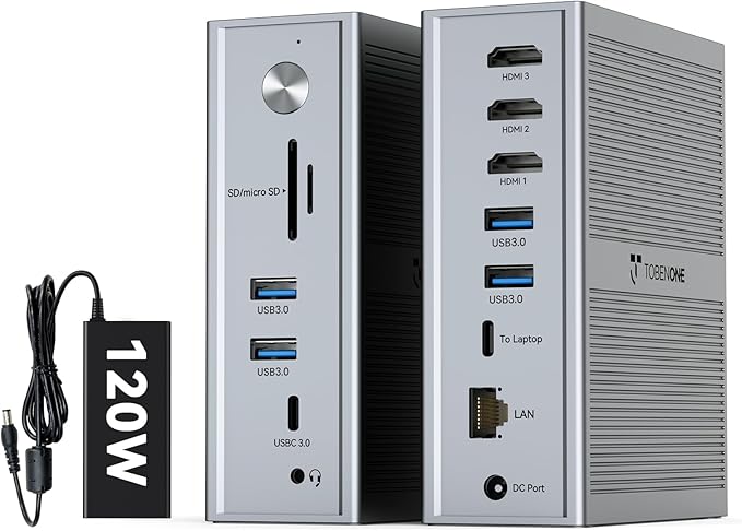 TobenONE DisplayLink Docking Station 3 Monitors, 14-in-1 Triple Monitor Dock for M1-M5 MacBook/Mac mini, Windows, Chrome (3HDMI, 120W Power Supply, 5 USB, Home Office & Professional Workspace)