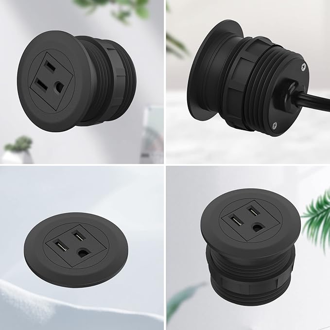 2 inch Desk Power Grommet, Flush-Mount Desk Outlet Build-in 1 US Standard Outlet, Mini Desktop Power Hub Grommet Socket for Desk Nightstand Cabinet Counter, 3.28 FT Heavy Duty Power Cord