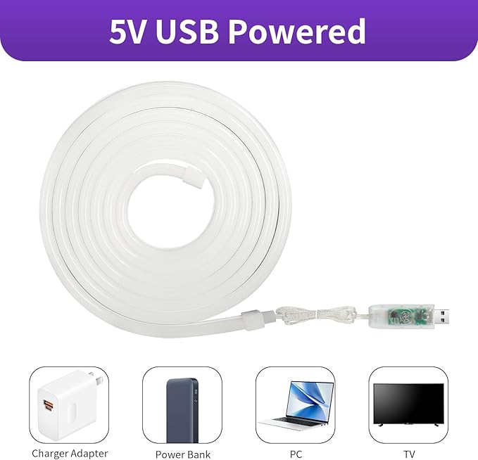 16.4FT/5M Smart IC LED Strip Lights, USB 5V Neon Rope Light with App/Remote Control, Color Changing, Easter Waterproof Cuttable Silicone Light for Valentines Bedroom TV Gaming Room Decor