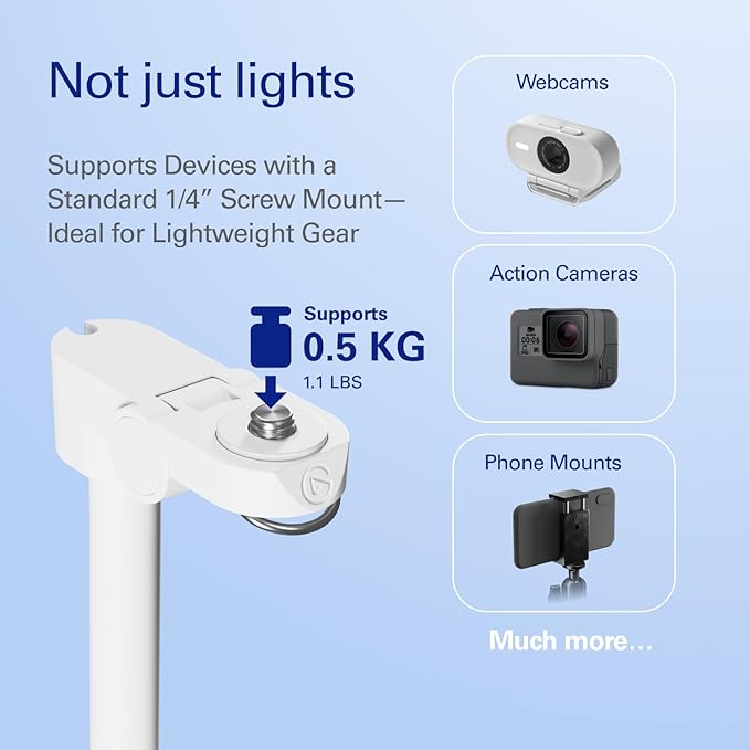 Elgato Neo Mount – Desk Stand for Lights, Webcams, and Compact Cameras, Weighted Base, Adjustable Height & Tilt, Headset Holder, Clean White – Supports up to 1.1 lb (0.5 kg)