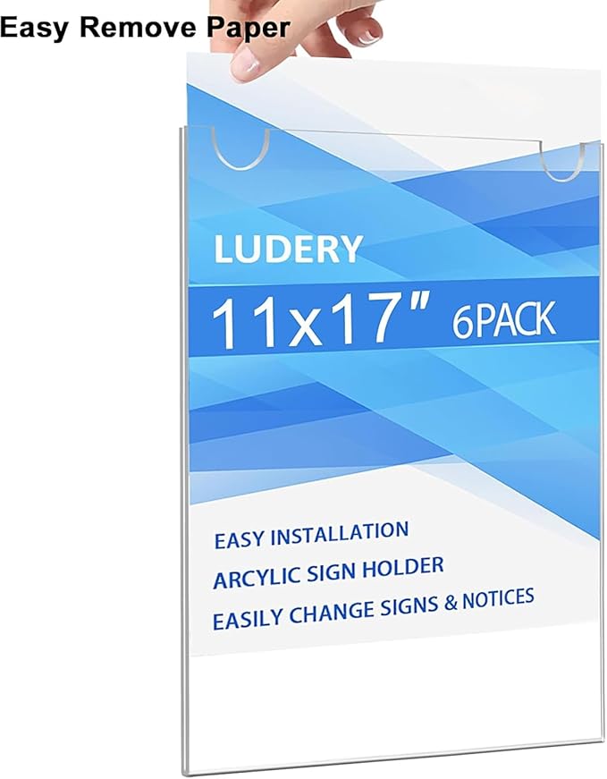 Acrylic Sign Holder 11x17 Vertical, Wall Mount Document Holder, Clear Plastic Picture Frame with Tape Adhesive and Screws for Office, Home, Store, Restaurant - 3Pack