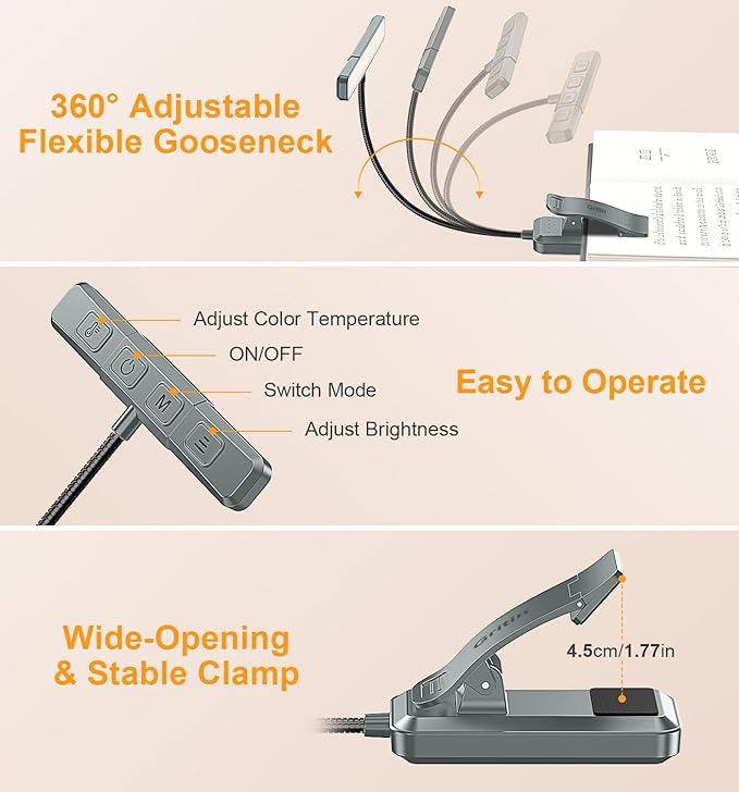 Gritin 2026 Gen 2 Book Light for Reading- 32 Eye Caring Full Spectrum LED, 5 Colors & 5 Brightness, Adjustable Wide/Narrow Beam, Upgrade 1500mAh Long-Lasting Clip on Light for Book Lovers-Sea Blue