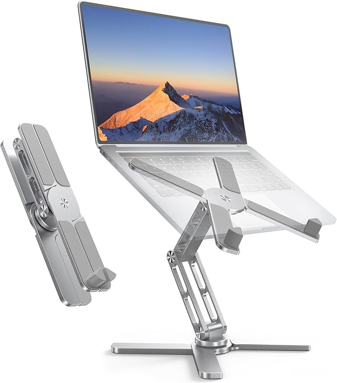 TECKNET Laptop Stand for Desk with 360° Rotating Base, Ergonomic Foldable Computer Stand - Portable Laptop Riser Holder Adjustable Height Angles, Fits MacBook Air Pro All Laptops 10-17" - Silver
