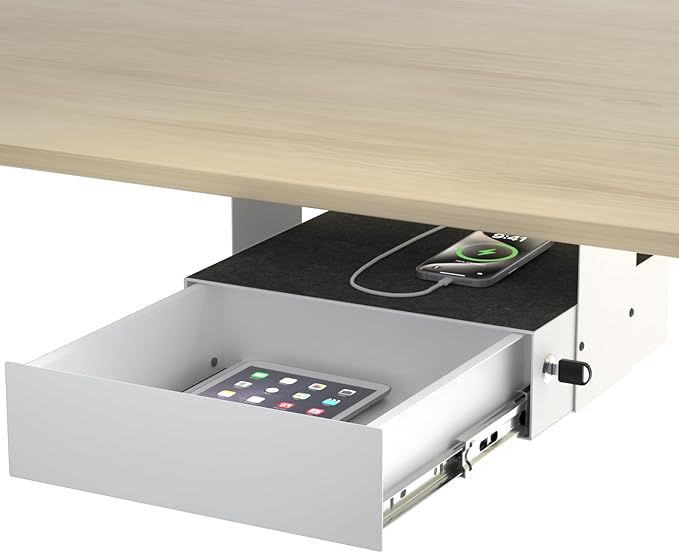 Under Desk Lockable Drawer, Heavy-Duty Pull-Out Storage Organizer with Full-Extension Ball-Bearing Slides, Carbon Steel Undermount Drawer for Home Office & Standing Desk, 13.8 Inch, White