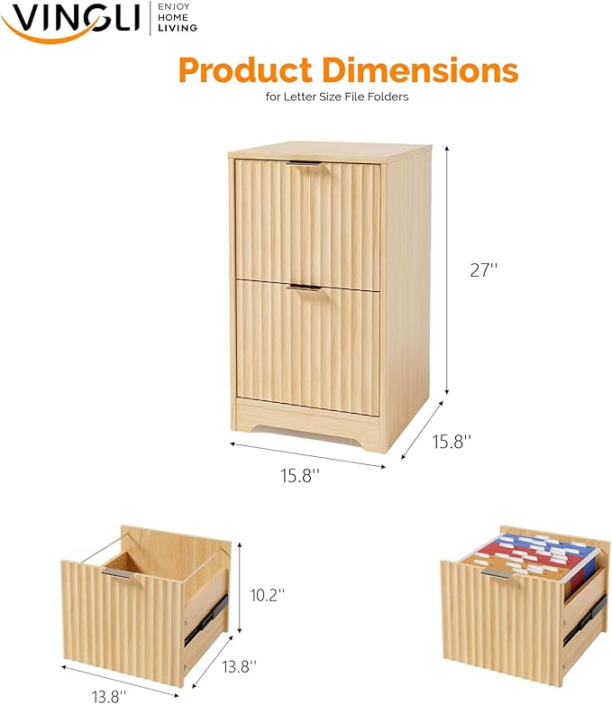 VINGLI 2 Drawer File Cabinet, Home Office Filing Organizer, for Letter Size File Folder Storage, Modern Style Fluted Design, Wood Vertical Filing Cabinet, Printer Stand, Archivador (Oak)