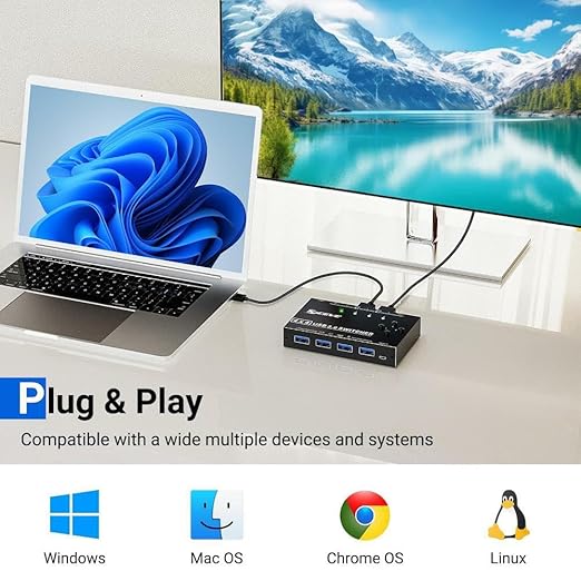 USB 3.0 Switch Selector 4 Computers, 4 Port USB KVM Switch for 4 PC Share 4 USB Devices for Keyboard Mouse Printer, Wired Remote and 4 USB 3.0 Cables Included
