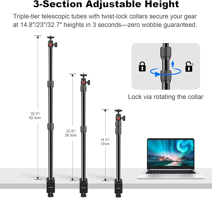 Camera Desk Mount Table Stand with 360° Ball Head, Table Light Stand with 1/4" Screw & C Clamp, Webcam Stand Mount for DSLR Camera Video Light Ring Light Live Streaming Vlog (811002)