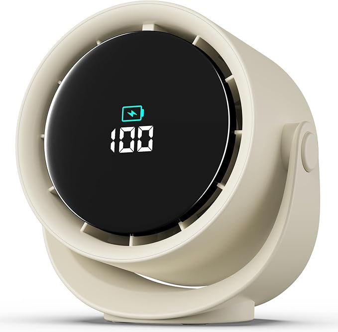 YOSHENMO Portable Desk Fan for Bedroom, Turbo Table Fans with smile icon LED Display, 6-inch, 5-Speed Strong Airflow, Low Noise, 360° Adjustable Tilt, Suitable for Home, Office, Outdoor, Off-White